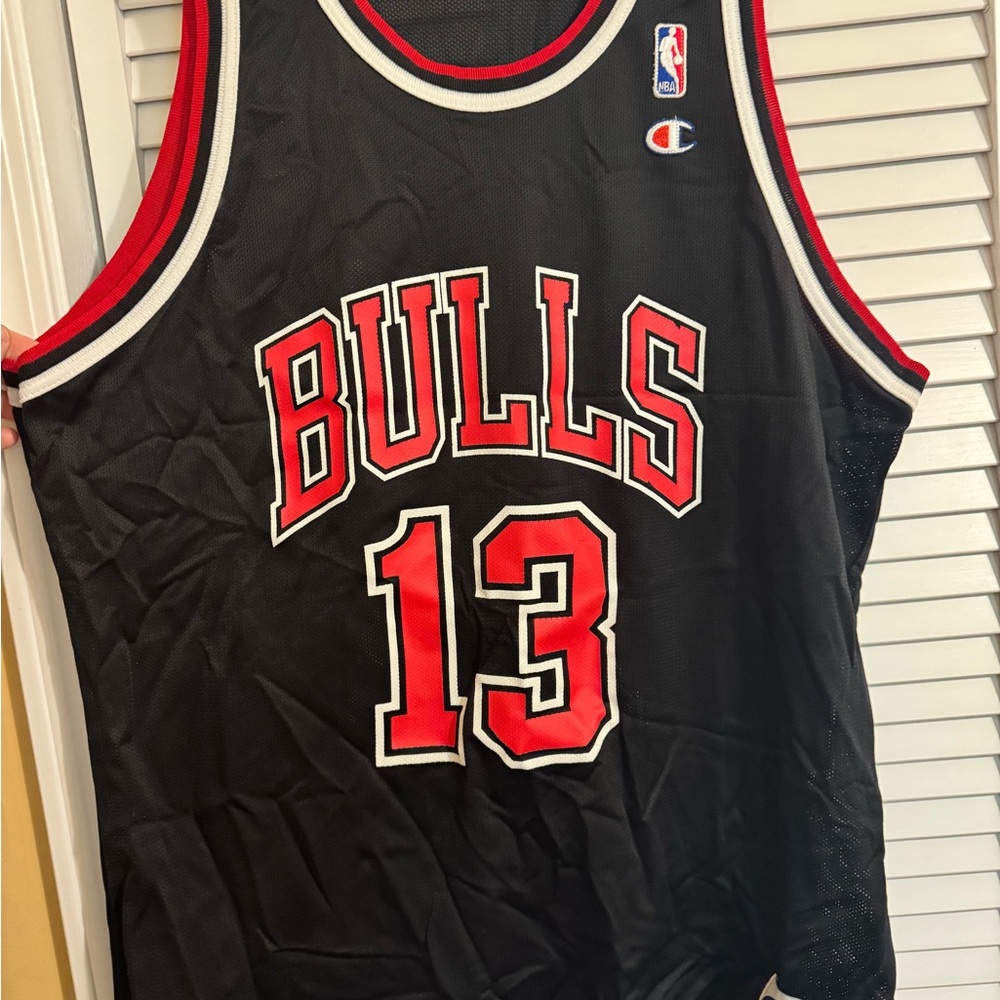 Vintage 90s Champion Bulls Black and Red Jersey Luc Longley
